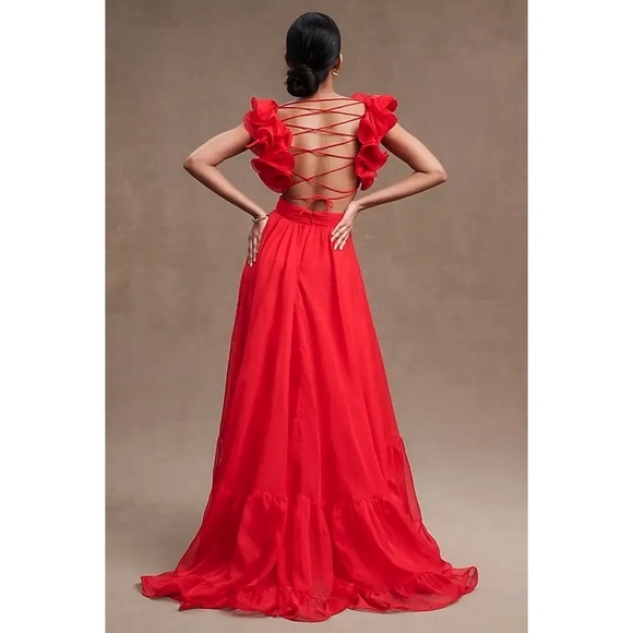 Mac Duggal X Anthropologie Indy A-Line Ruffled Back-Lace Up Chiffon Red Gown - Picture 6 of 7